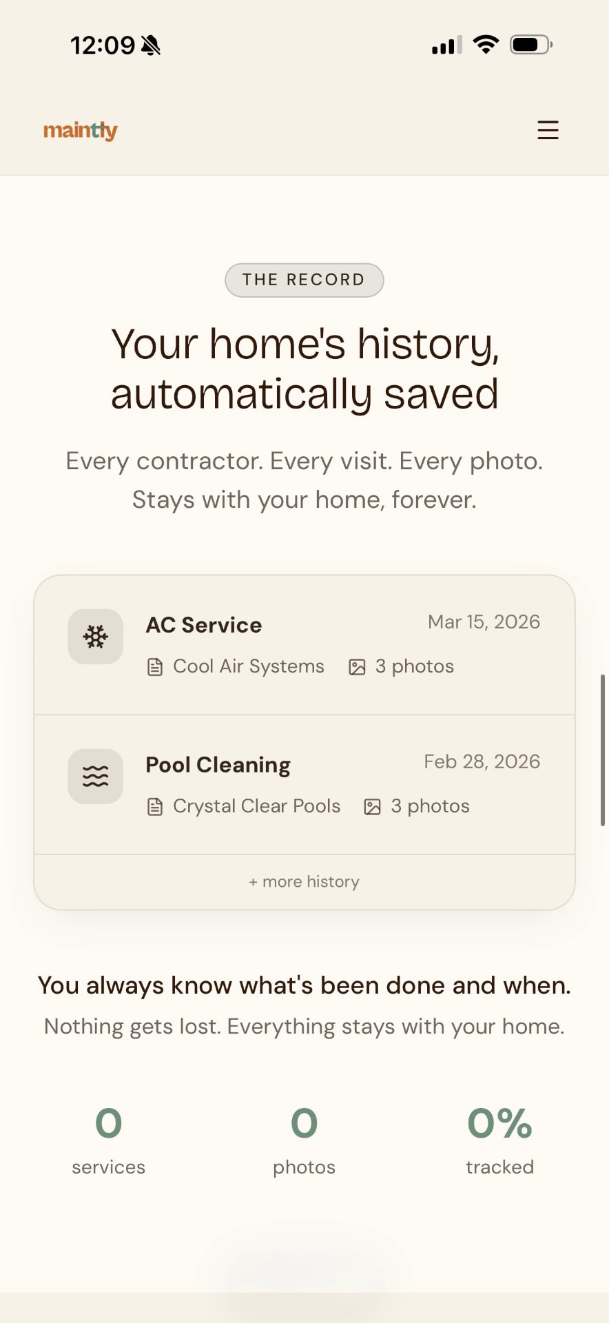 Maintly property care record with service history